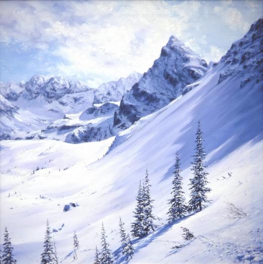 mountains, winter, landscape, painting, snow, footprints