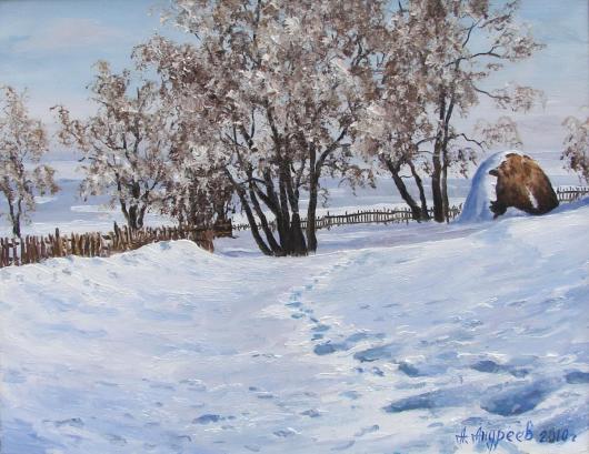 Winter, yard, landscape, painting, snow, warmer tracks