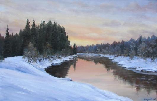 зима, пейзаж, утро, река, живопись