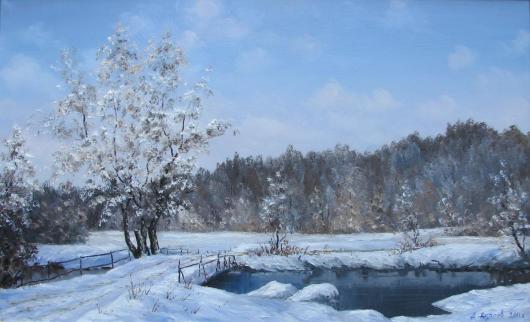 Зима, мостик, пейзаж, живопись, картина. искусство